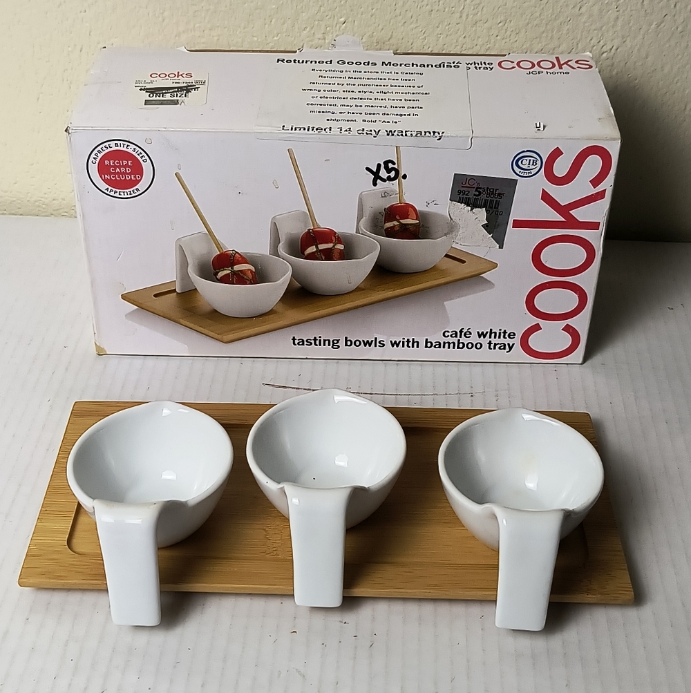 White Tasting Bowls with Bamboo Tray